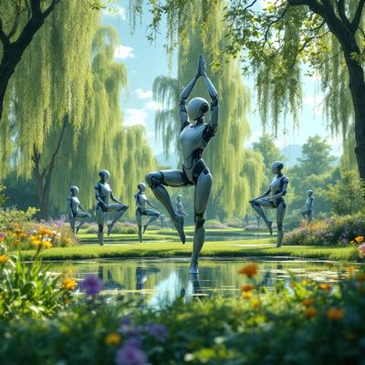 The primary subject of the image is a robotic figure, possibly a robot or a statue, performing a yoga pose in a park. The setting is a grassy area with trees in the background, creating a serene and natural environment. The visual style of the image is digital art, as it appears to be a computer-generated or digitally rendered scene. The colors and mood of the image are predominantly green, with the grass and trees, and the robotic figure's metallic appearance, giving the scene a futuristic and peaceful atmosphere.